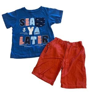 SOLD 2PC Boys Blue "Sea Ya Later" Shark Shirt & Red Shorts Matching Set - Size 5